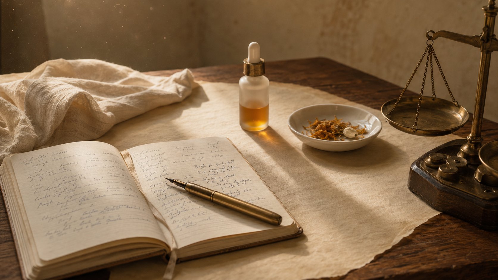 A clinician's considered workspace — open notebook, brass pen, frosted dropper bottle, dried calendula, in warm afternoon light.