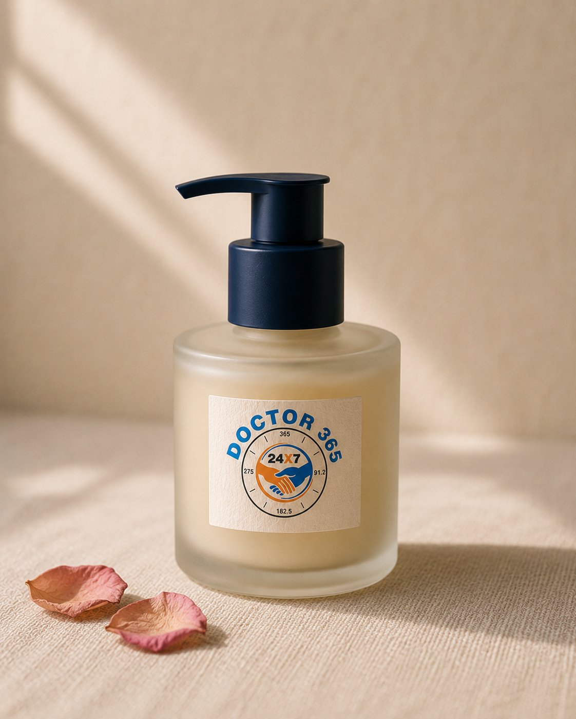 A short frosted glass pump bottle with deep navy pump, for hand care, on cream linen.