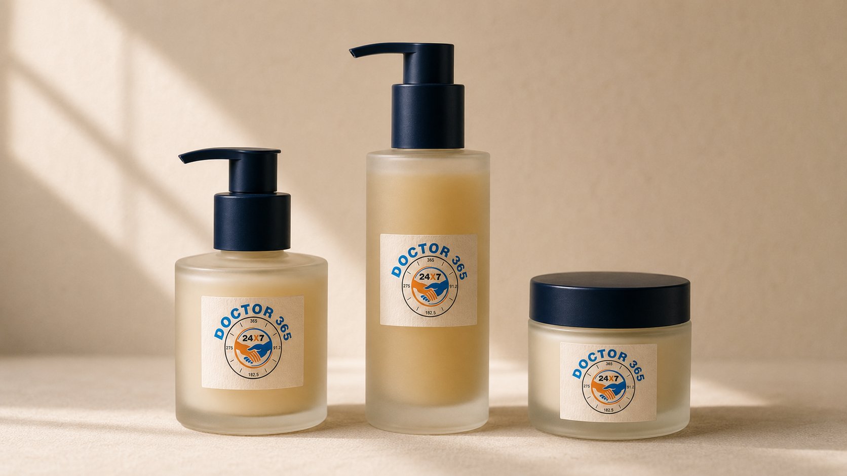 A family lineup of three Doctor 365 Care vessels — a frosted glass cream jar, a tall pump bottle, and a shorter hand pump — arranged on cream linen in warm afternoon light.