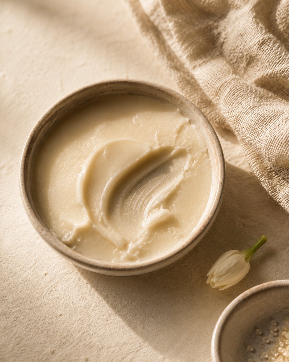 Soft ivory cream balm in a small ceramic dish, jasmine bud beside it on cream linen.