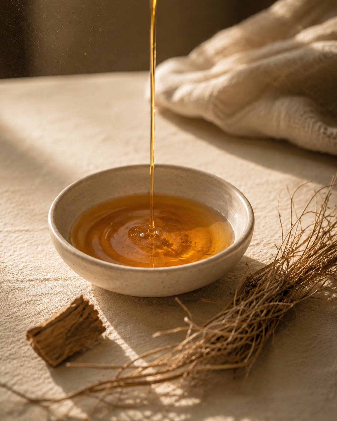 A continuous thread of warm amber body oil pouring into a shallow cream dish, vetiver and sandalwood beside it.