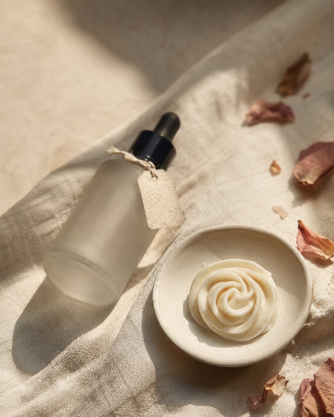 A cream-coloured hand balm in a ceramic dish, neem leaf and cool water glass nearby, on cream linen.