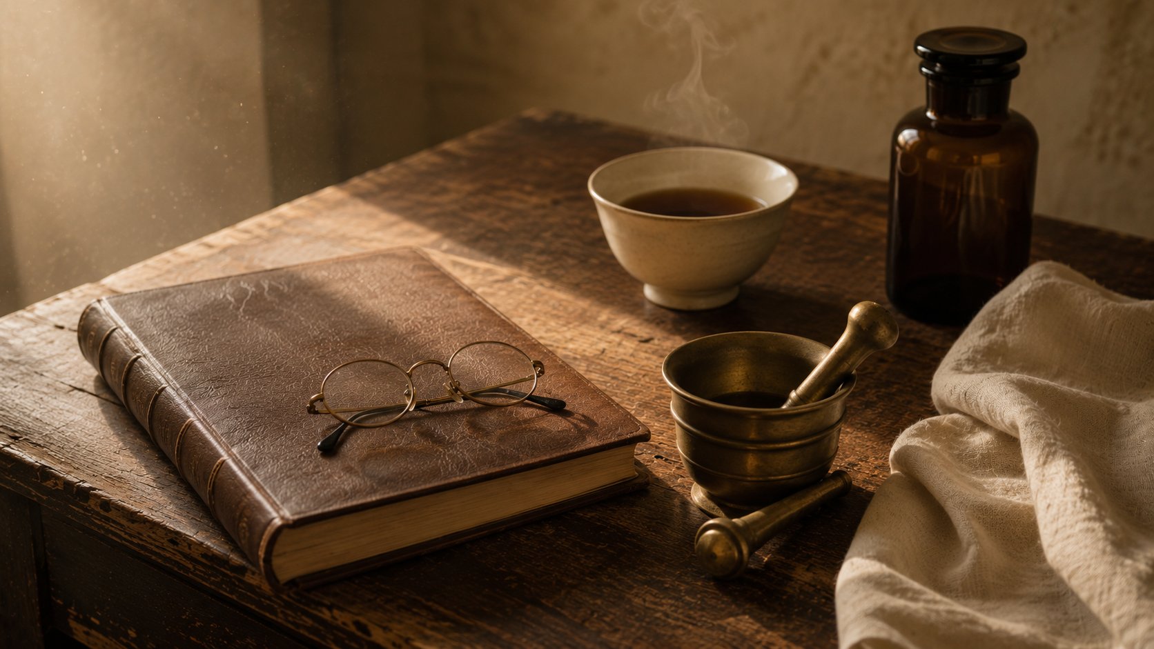 An apothecary still life — glass jars of botanicals and a brass scale on aged oak.