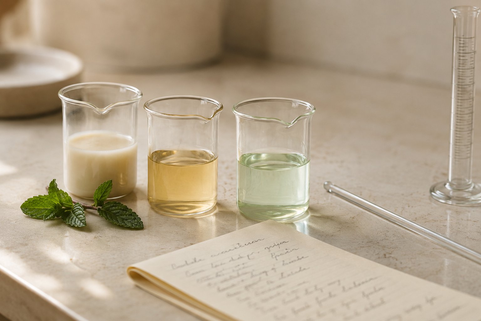 A laboratory still life — amber dropper bottles, white porcelain mortar, calibrated cylinder, on a warm cream surface.