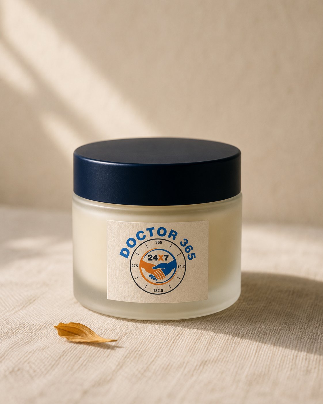 A frosted glass cream jar with deep navy cap, label on cream-paper stock, on cream linen.