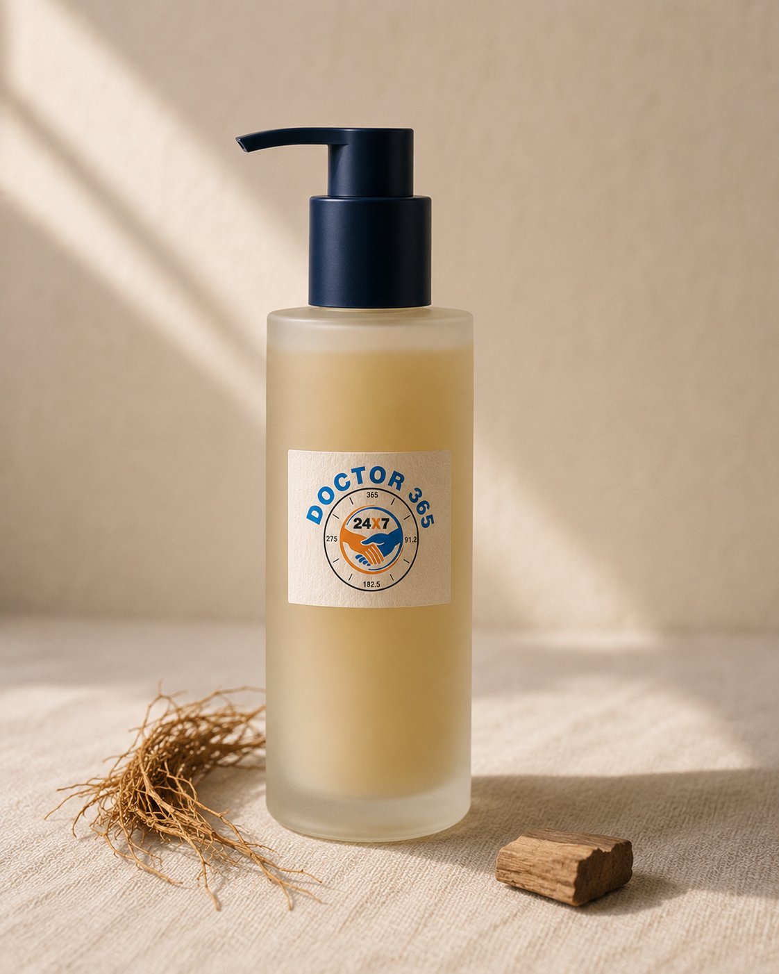 A tall frosted glass pump bottle with deep navy pump, label on cream-paper stock, on cream linen.